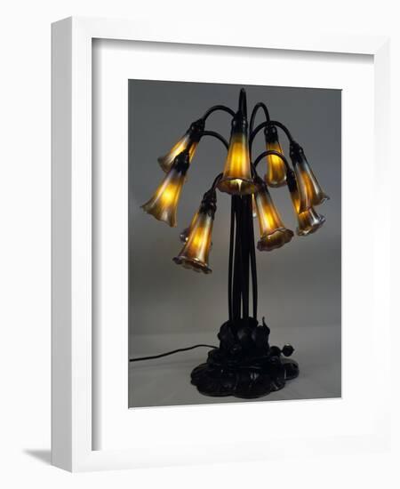 Lily Lamp with Bronze Base and Stems and Eight Bluebells in Iridescent Glass-null-Framed Giclee Print