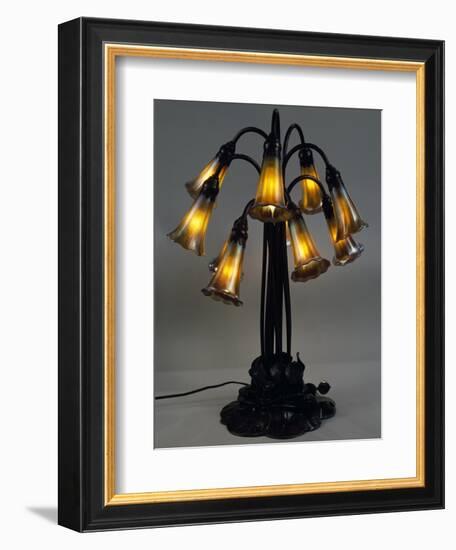 Lily Lamp with Bronze Base and Stems and Eight Bluebells in Iridescent Glass-null-Framed Giclee Print