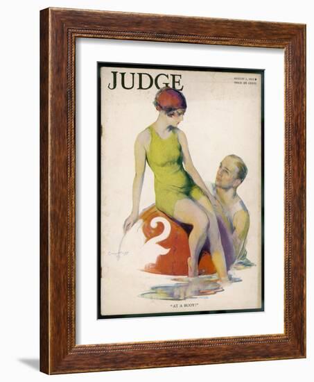 Lime Green Tank Style One- Piece Bathing Costume Worn with a Red Bathing Cap-Guy Hoff-Framed Art Print