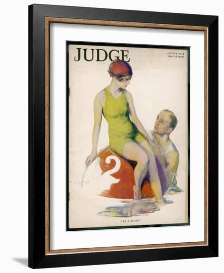 Lime Green Tank Style One- Piece Bathing Costume Worn with a Red Bathing Cap-Guy Hoff-Framed Art Print