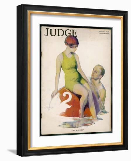 Lime Green Tank Style One- Piece Bathing Costume Worn with a Red Bathing Cap-Guy Hoff-Framed Art Print