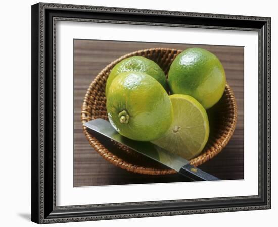 Limes, Two Whole and One Halved in a Small Basket-Eising Studio - Food Photo and Video-Framed Photographic Print