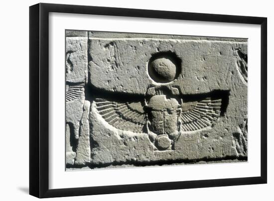 Limestone Relief of a Scarab Beetle and Vulture Wings under a Disk of the Sun, Edfu, Egypt-null-Framed Photographic Print