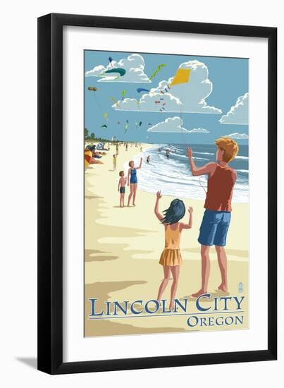 Lincoln City, Oregon - Kite Flyers-Lantern Press-Framed Art Print