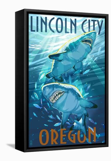 Lincoln City, Oregon - Stylized Tiger Sharks-Lantern Press-Framed Stretched Canvas