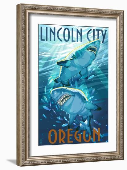 Lincoln City, Oregon - Stylized Tiger Sharks-Lantern Press-Framed Art Print