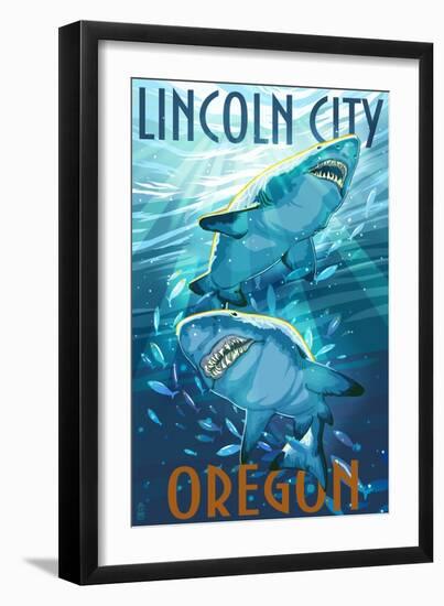 Lincoln City, Oregon - Stylized Tiger Sharks-Lantern Press-Framed Art Print