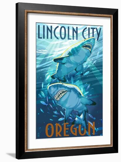 Lincoln City, Oregon - Stylized Tiger Sharks-Lantern Press-Framed Art Print