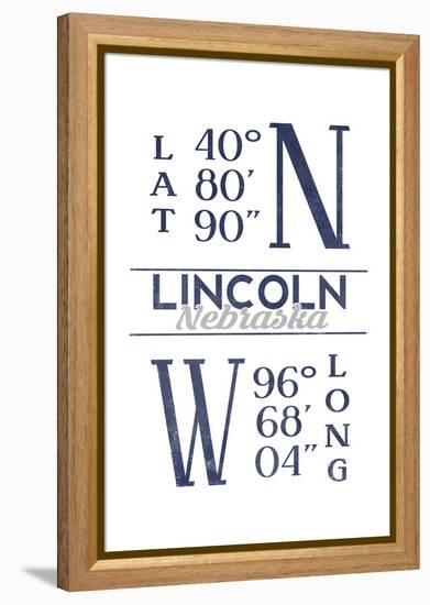 Lincoln, Nebraska - Latitude and Longitude (Blue)-Lantern Press-Framed Stretched Canvas
