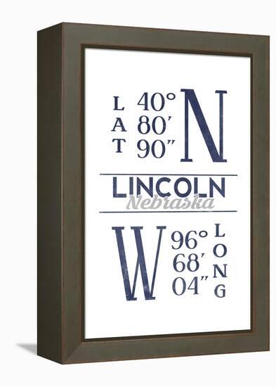 Lincoln, Nebraska - Latitude and Longitude (Blue)-Lantern Press-Framed Stretched Canvas