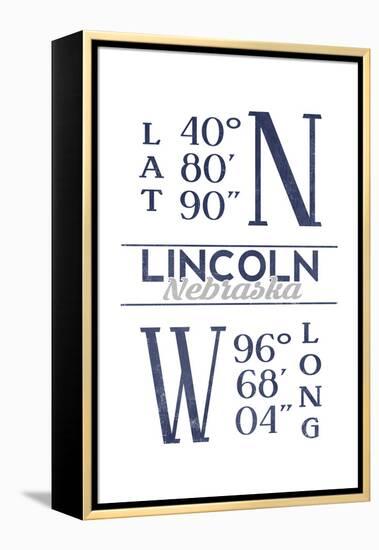 Lincoln, Nebraska - Latitude and Longitude (Blue)-Lantern Press-Framed Stretched Canvas