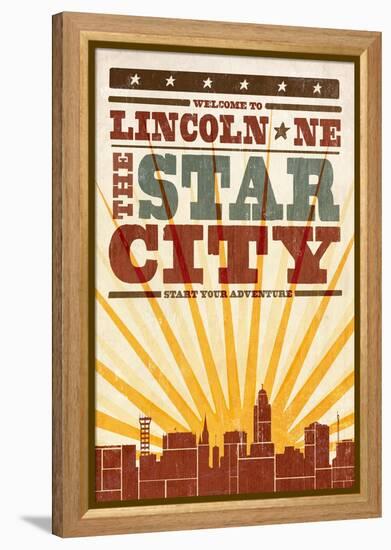 Lincoln, Nebraska - Skyline and Sunburst Screenprint Style-Lantern Press-Framed Stretched Canvas