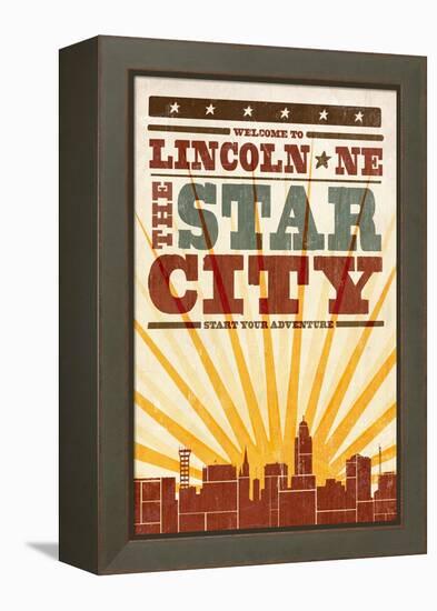 Lincoln, Nebraska - Skyline and Sunburst Screenprint Style-Lantern Press-Framed Stretched Canvas