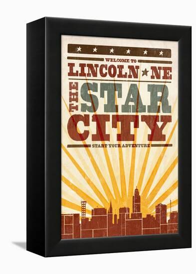 Lincoln, Nebraska - Skyline and Sunburst Screenprint Style-Lantern Press-Framed Stretched Canvas