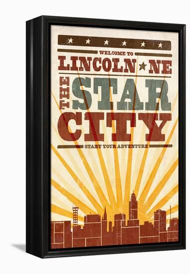 Lincoln, Nebraska - Skyline and Sunburst Screenprint Style-Lantern Press-Framed Stretched Canvas