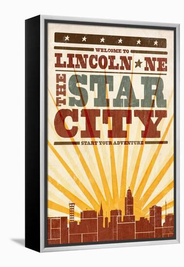 Lincoln, Nebraska - Skyline and Sunburst Screenprint Style-Lantern Press-Framed Stretched Canvas