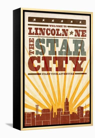 Lincoln, Nebraska - Skyline and Sunburst Screenprint Style-Lantern Press-Framed Stretched Canvas