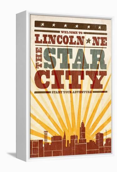 Lincoln, Nebraska - Skyline and Sunburst Screenprint Style-Lantern Press-Framed Stretched Canvas