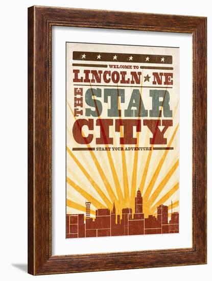Lincoln, Nebraska - Skyline and Sunburst Screenprint Style-Lantern Press-Framed Art Print