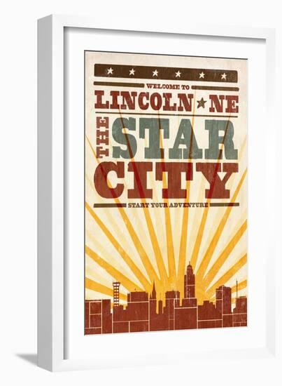 Lincoln, Nebraska - Skyline and Sunburst Screenprint Style-Lantern Press-Framed Art Print