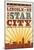 Lincoln, Nebraska - Skyline and Sunburst Screenprint Style-Lantern Press-Mounted Art Print