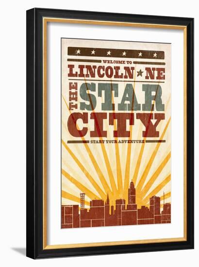 Lincoln, Nebraska - Skyline and Sunburst Screenprint Style-Lantern Press-Framed Art Print