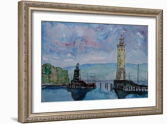 Lindau Lake Constance Harbour Entrance with Lion-Markus Bleichner-Framed Art Print