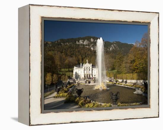 Linderhof Castle with Fountain in Pond and Alps Behind, Bavaria, Germany, Europe-Richard Nebesky-Framed Premier Image Canvas