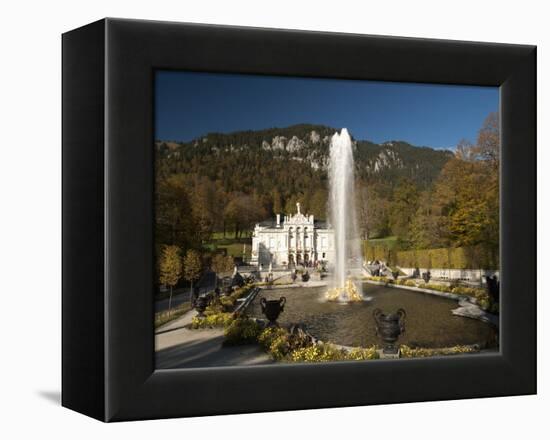 Linderhof Castle with Fountain in Pond and Alps Behind, Bavaria, Germany, Europe-Richard Nebesky-Framed Premier Image Canvas