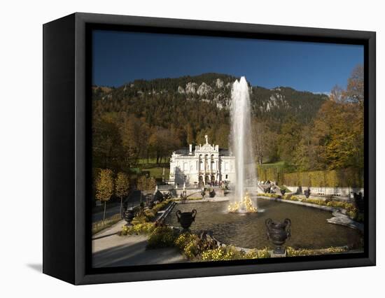 Linderhof Castle with Fountain in Pond and Alps Behind, Bavaria, Germany, Europe-Richard Nebesky-Framed Premier Image Canvas