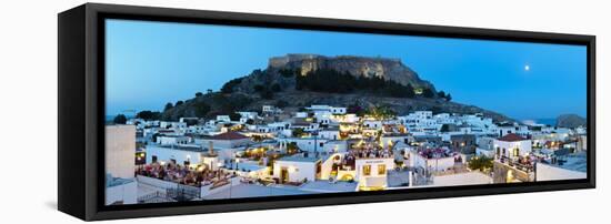 Lindos Acropolis and Rooftop Restaurants Illuminated at Dusk, Lindos, Rhodes, Greece-Doug Pearson-Framed Premier Image Canvas