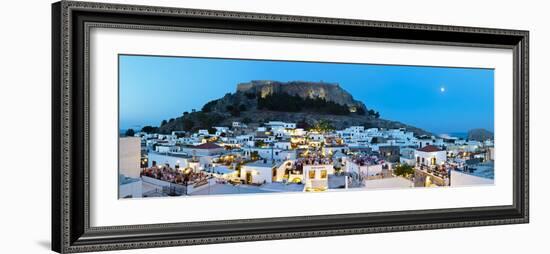 Lindos Acropolis and Rooftop Restaurants Illuminated at Dusk, Lindos, Rhodes, Greece-Doug Pearson-Framed Photographic Print