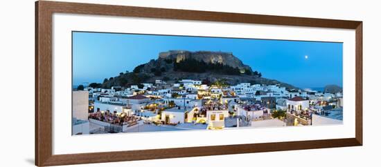 Lindos Acropolis and Rooftop Restaurants Illuminated at Dusk, Lindos, Rhodes, Greece-Doug Pearson-Framed Photographic Print