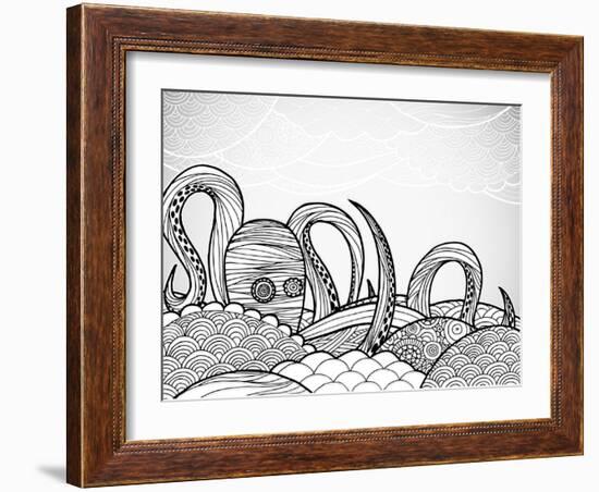 Line Art Octopus in Textured Waves.-artplay-Framed Art Print