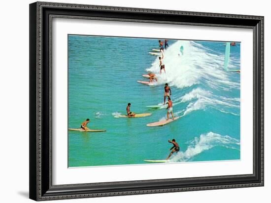 Line of Long Board Surfers-null-Framed Premium Giclee Print