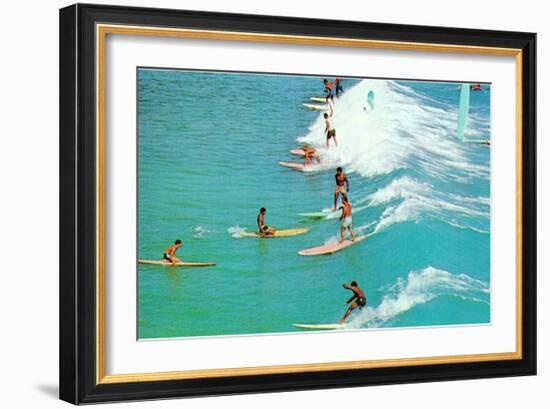 Line of Long Board Surfers-null-Framed Premium Giclee Print