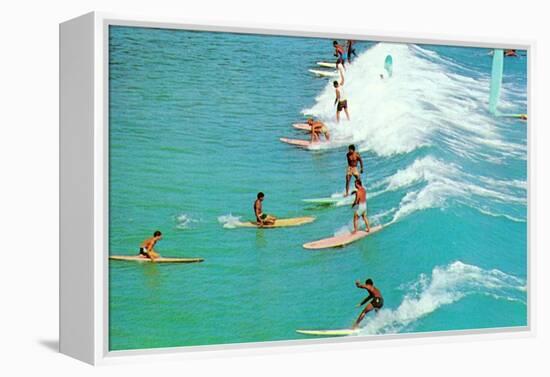 Line of Long Board Surfers-null-Framed Stretched Canvas