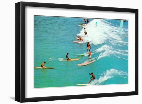 Line of Long Board Surfers-null-Framed Art Print