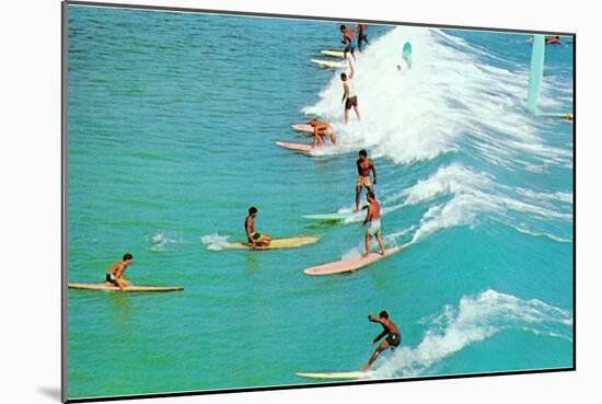 Line of Long Board Surfers-null-Mounted Art Print