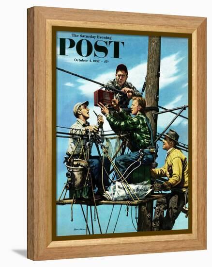 "Linemen Listen to World Series" Saturday Evening Post Cover, October 4, 1952-Stevan Dohanos-Framed Premier Image Canvas