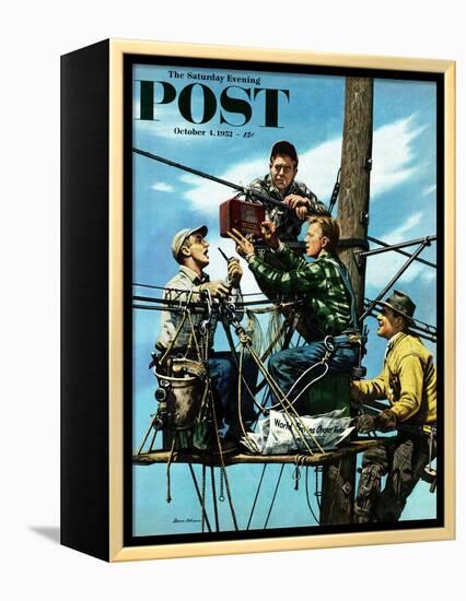 "Linemen Listen to World Series" Saturday Evening Post Cover, October 4, 1952-Stevan Dohanos-Framed Premier Image Canvas