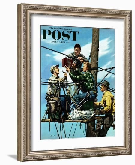 "Linemen Listen to World Series" Saturday Evening Post Cover, October 4, 1952-Stevan Dohanos-Framed Giclee Print