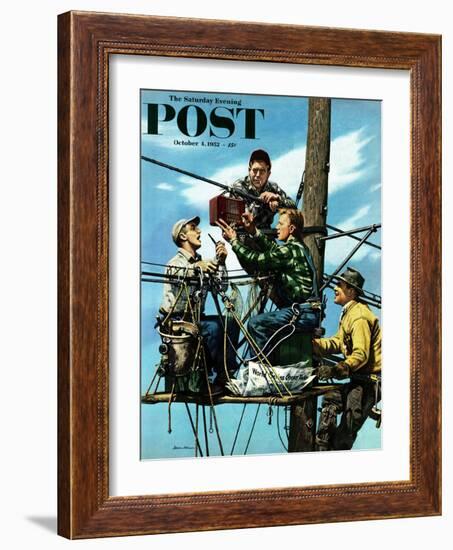 "Linemen Listen to World Series" Saturday Evening Post Cover, October 4, 1952-Stevan Dohanos-Framed Giclee Print