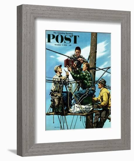 "Linemen Listen to World Series" Saturday Evening Post Cover, October 4, 1952-Stevan Dohanos-Framed Giclee Print