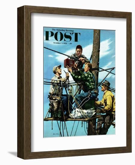 "Linemen Listen to World Series" Saturday Evening Post Cover, October 4, 1952-Stevan Dohanos-Framed Giclee Print