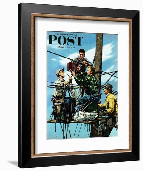 "Linemen Listen to World Series" Saturday Evening Post Cover, October 4, 1952-Stevan Dohanos-Framed Giclee Print