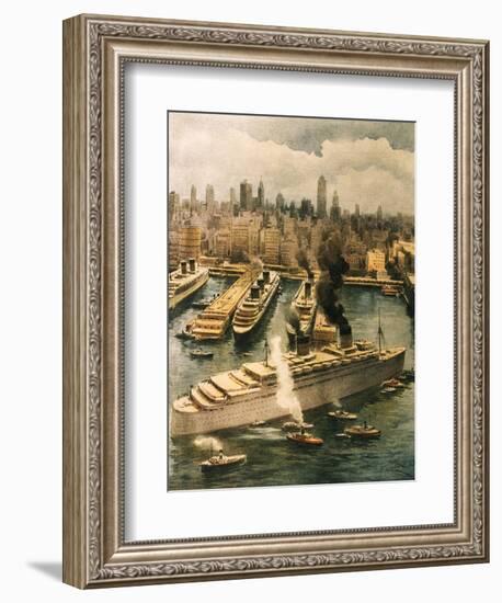 Liner Queen Elizabeth Takes Refuge in New York 1940-Achille Beltrame-Framed Giclee Print