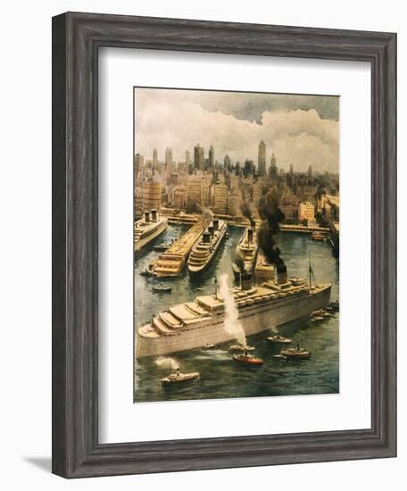 Liner Queen Elizabeth Takes Refuge in New York 1940-Achille Beltrame-Framed Giclee Print