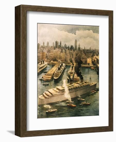 Liner Queen Elizabeth Takes Refuge in New York 1940-Achille Beltrame-Framed Giclee Print