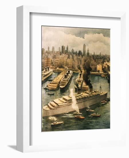 Liner Queen Elizabeth Takes Refuge in New York 1940-Achille Beltrame-Framed Giclee Print